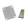 Silver metal guitar neck plate with four screws on a white background.