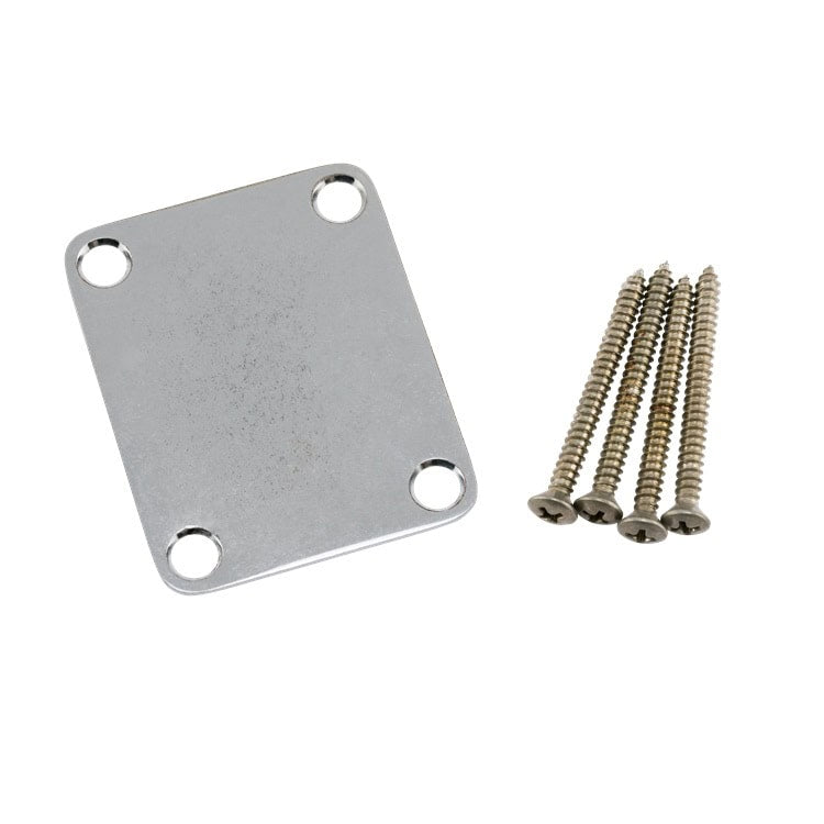 Silver metal guitar neck plate with four screws on a white background.