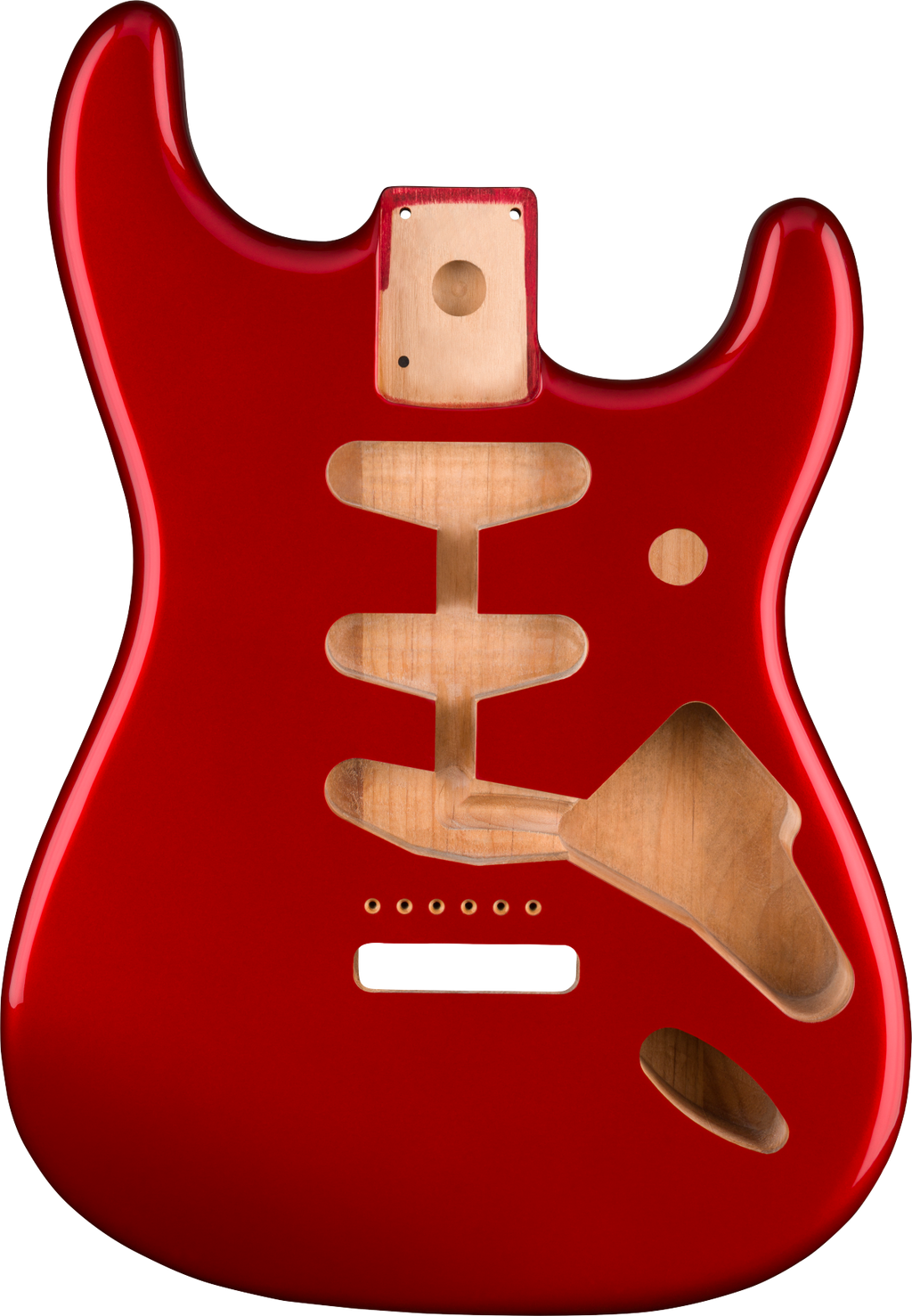 Candy apple red guitar body shell with routed cavities and neck joint.