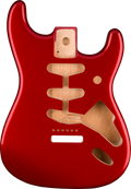 Candy apple red guitar body shell with routed cavities and neck joint.