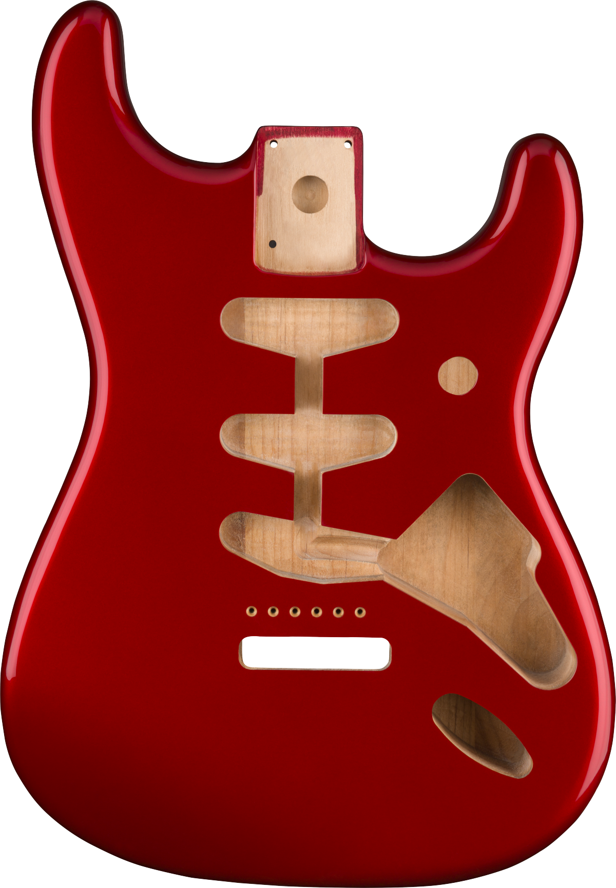 Candy apple red guitar body shell with routed cavities and neck joint.