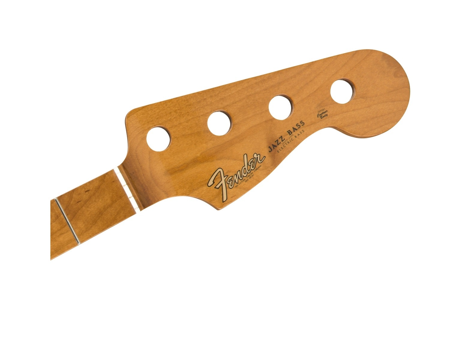 Close-up of a brown Fender Jazz Bass guitar neck headstock with four tuning peg holes and partial fretboard.
