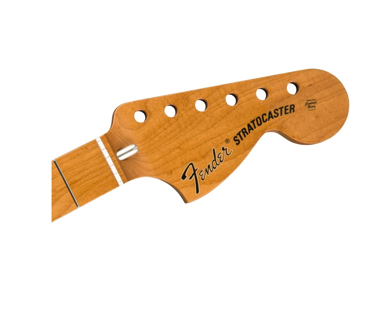 Close-up of a light brown guitar neck headstock with six peg holes and Fender Stratocaster logo.