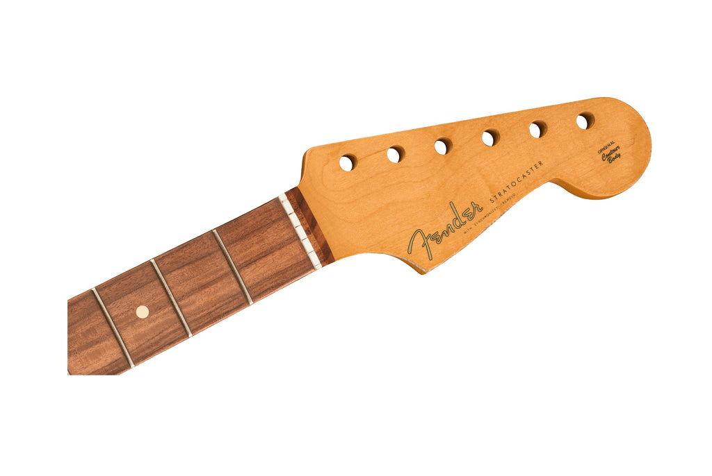 A wooden guitar neck with a tan headstock and brown fretboard showing four frets and six tuning peg holes.