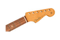 A wooden guitar neck with a tan headstock and brown fretboard showing four frets and six tuning peg holes.