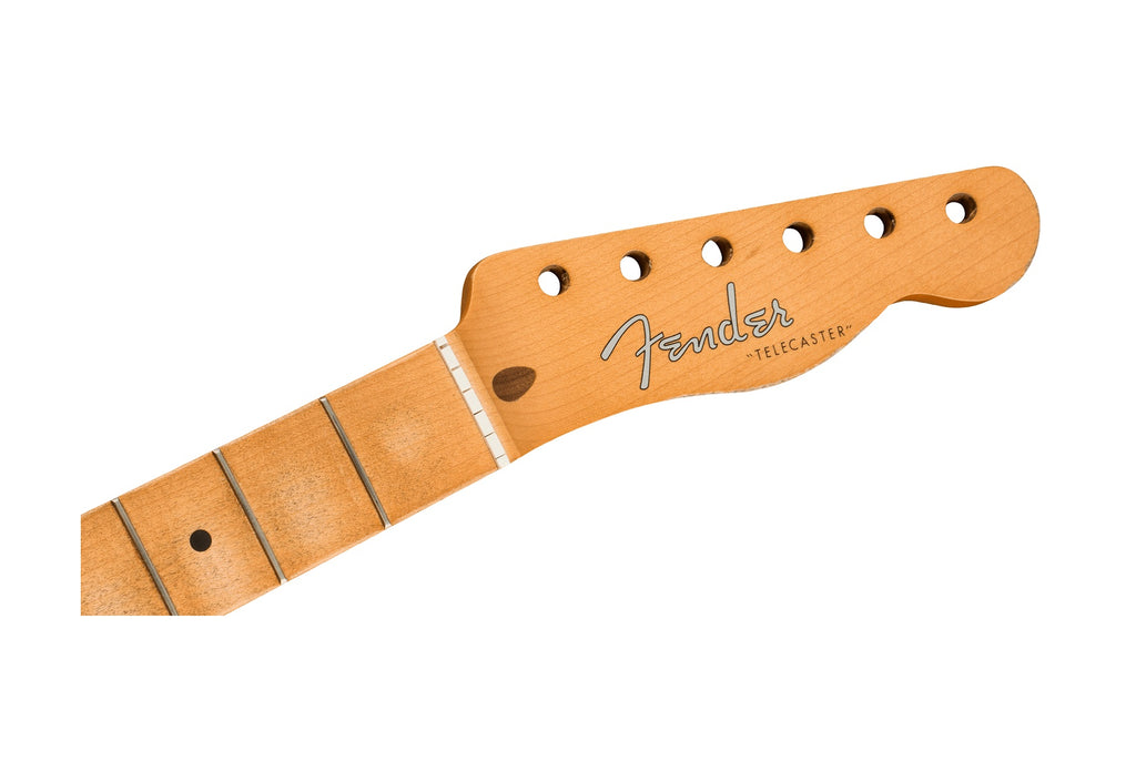 Maple guitar neck with six tuning peg holes and Fender Telecaster logo on the headstock.