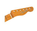 Light brown guitar neck headstock with six tuning peg holes and Fender Telecaster logo.
