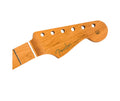 Light brown wooden guitar neck headstock with six tuning peg holes and Fender branding text.