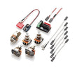A wiring kit with multiple potentiometers, a circuit board, wires, and a 9V battery clip connector.