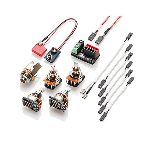 A wiring kit with multiple potentiometers, a circuit board, wires, and a 9V battery clip connector.
