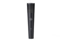 Black cylindrical microphone with vertical ventilation slots and grey branding on body against white background.