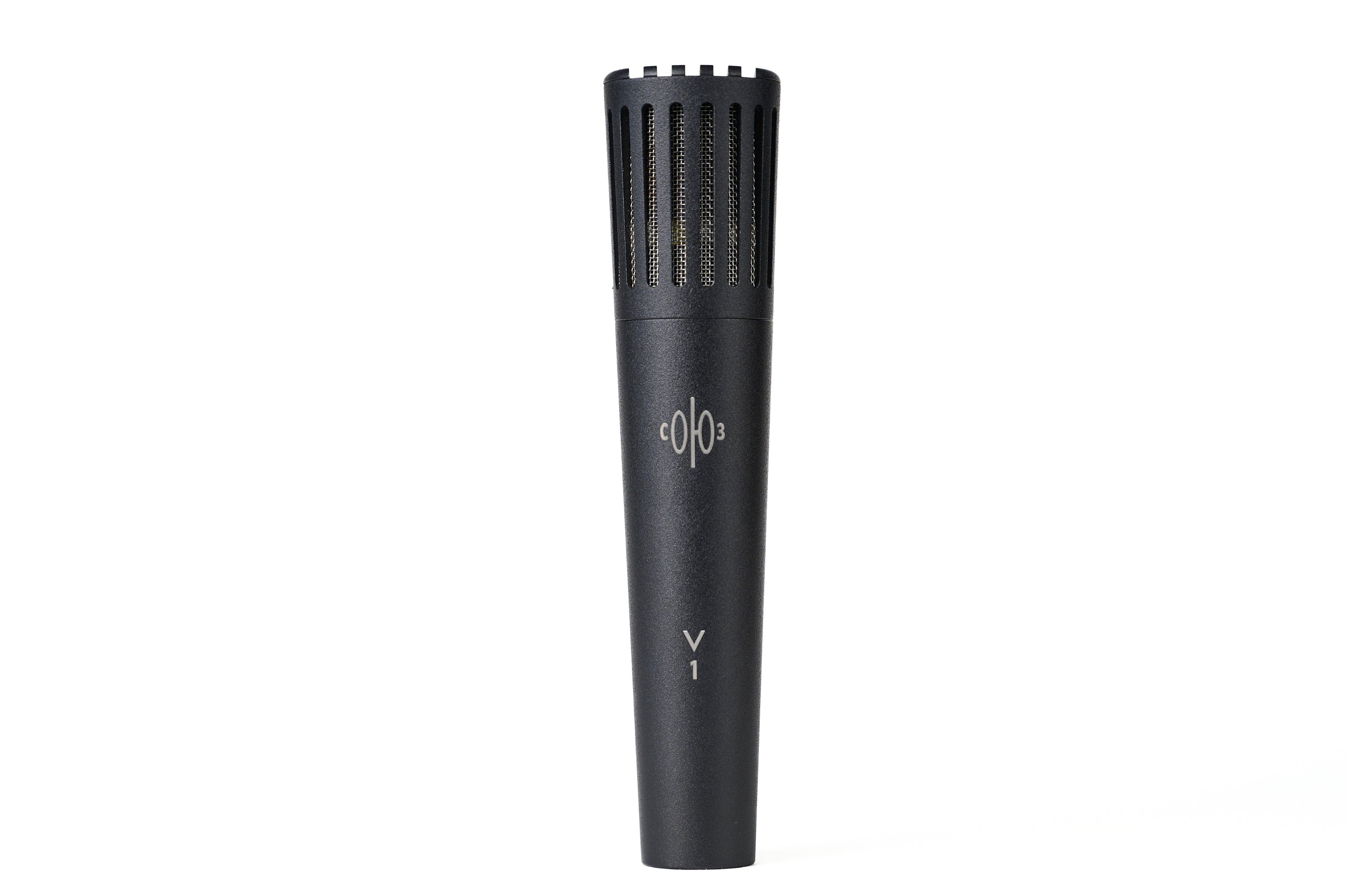 Black cylindrical microphone with vertical ventilation slots and grey branding on body against white background.