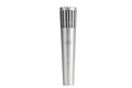 Silver metal microphone with vertical grille slots and minimal text on the body.