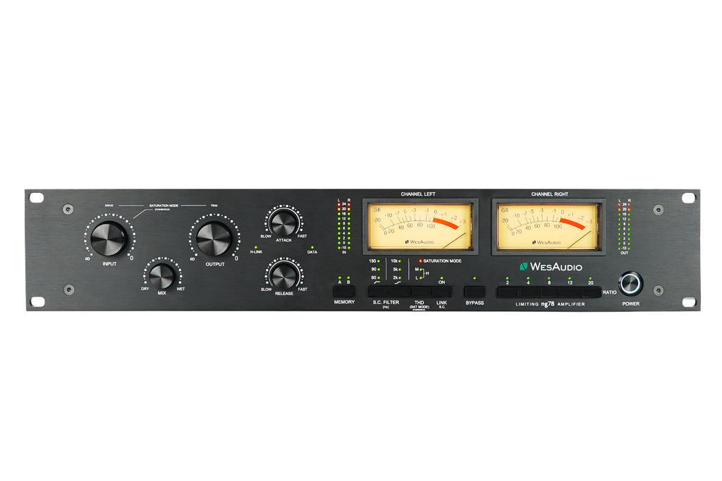 Front panel of a black WesAudio ng78 stereo audio limiter with knobs, meters and buttons.