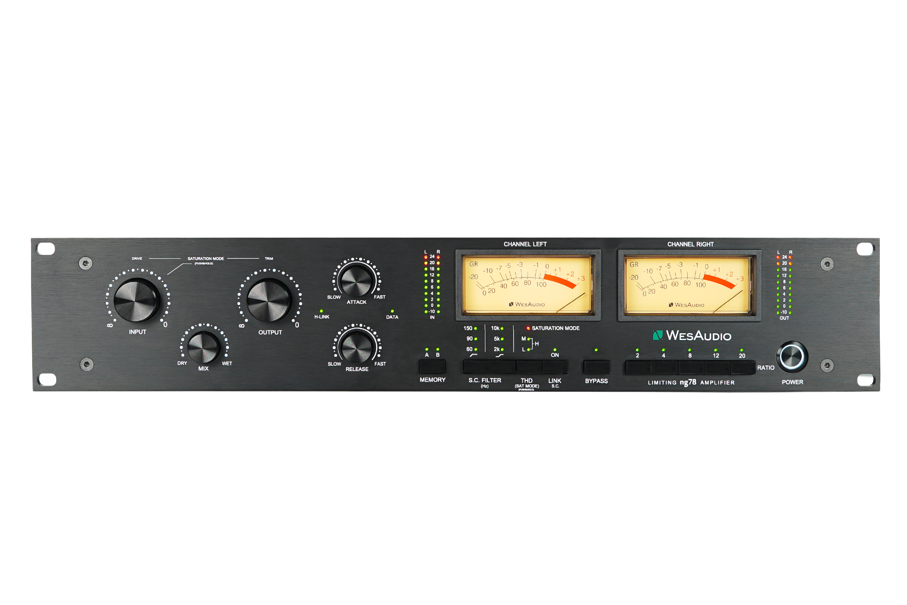 Front panel of a black WesAudio ng78 stereo audio limiter with knobs, meters and buttons.