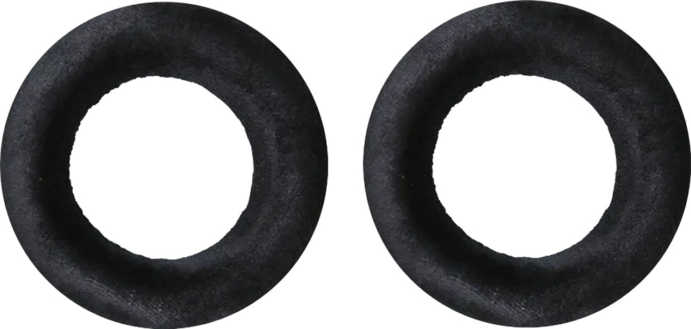 Two black circular ear pad cushions with fabric surfaces shown on a white background.