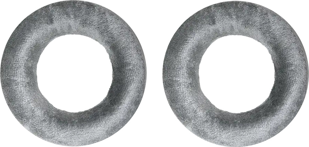 Two gray round ear pads made of fabric and foam material for headphones shown on a white background.