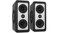 Front view of a pair of black and gray studio monitor speakers with multiple drivers and visible branding.