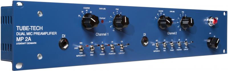 Blue metal dual microphone preamplifier unit with knobs, switches, and DI inputs on front panel.
