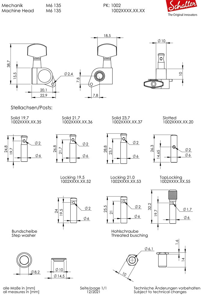 Schaller M6 135 Guitar Machine Heads 6 Inline