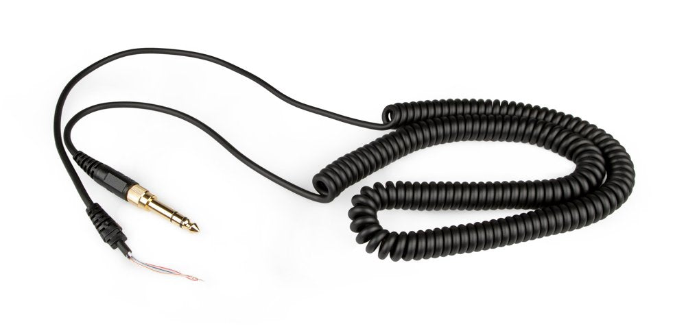 Black coiled audio cable with one gold 1/4 inch plug and exposed wire ends on opposite side.
