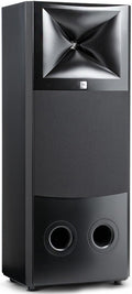 Tall black speaker with a large horn tweeter, fabric mid-lower section, and two circular port holes at the bottom.