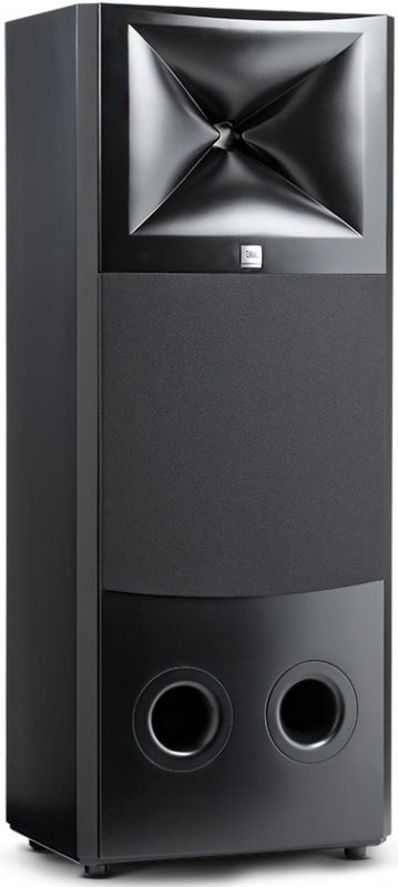 Tall black speaker with a large horn tweeter, fabric mid-lower section, and two circular port holes at the bottom.