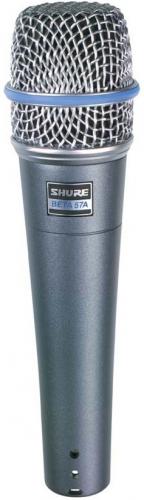Close-up of a Shure Beta 57A gray handheld microphone with metal grille and XLR connector.