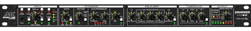 Rack-mountable audio processor with multiple knobs, switches, and LED meters labeled Drawmer MX60.