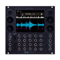 Black eurorack module with screen showing waveform, multiple knobs, buttons, jacks, and a microSD card slot.