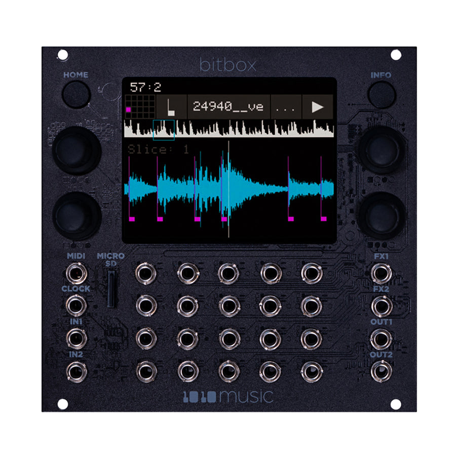 Black eurorack module with screen showing waveform, multiple knobs, buttons, jacks, and a microSD card slot.