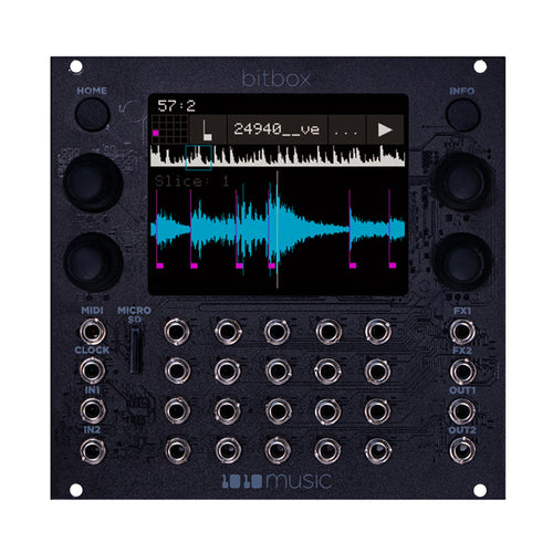 Black eurorack module with screen showing waveform, multiple knobs, buttons, jacks, and a microSD card slot.