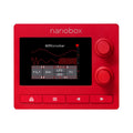 Red compact music device with screen showing waveform and control options, two knobs and four buttons below.