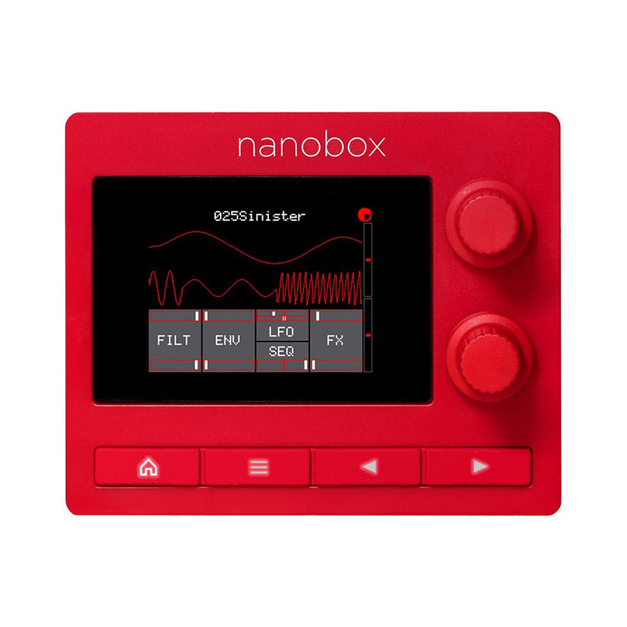 Red compact music device with screen showing waveform and control options, two knobs and four buttons below.