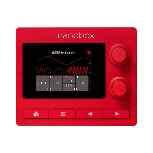 Red compact music device with screen showing waveform and control options, two knobs and four buttons below.
