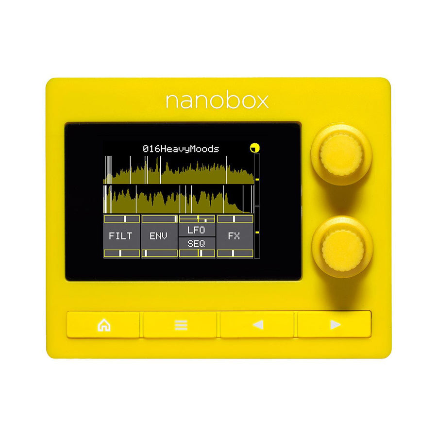 Yellow Nanobox device with screen showing audio waveform and control labels FILT, ENV, LFO, SEQ, FX and four yellow buttons below.