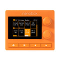 Orange electronic device with screen, two knobs, and five buttons showing sound pad interface.