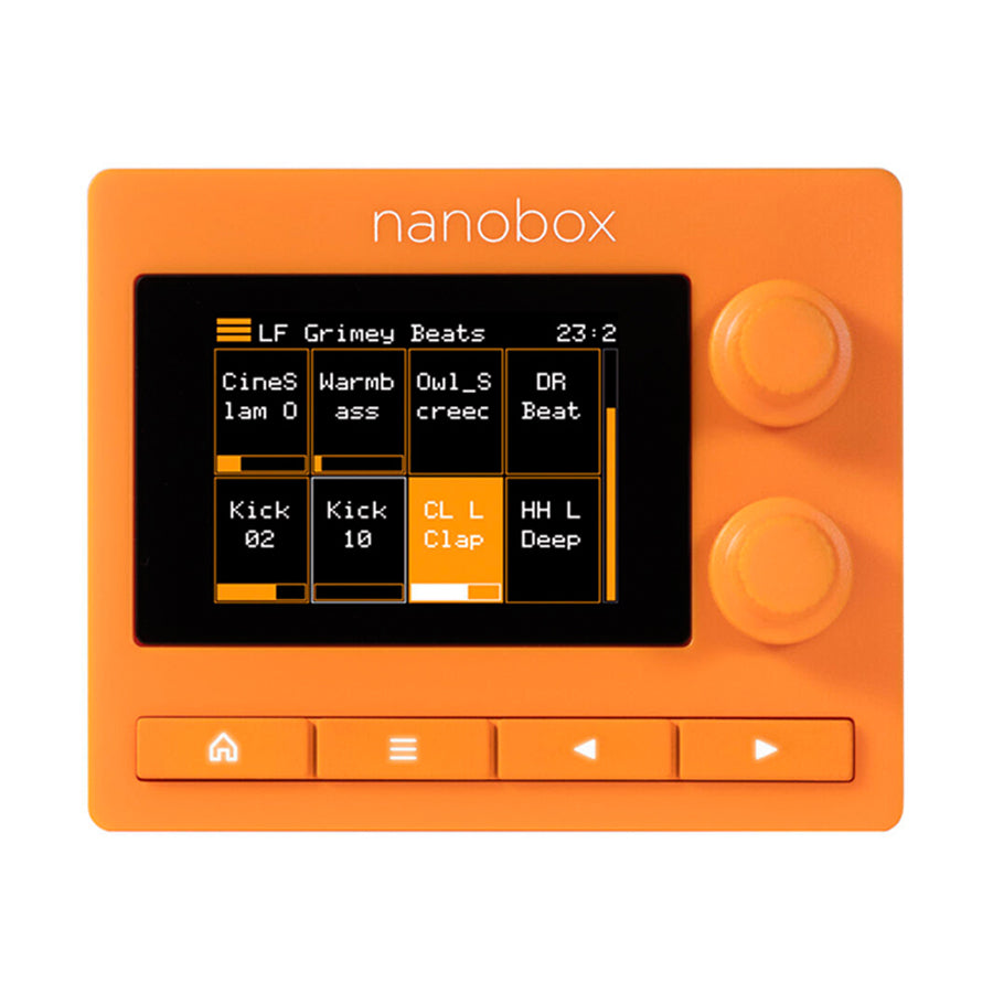 Orange electronic device with screen, two knobs, and five buttons showing sound pad interface.