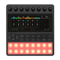Black music sampler with eight rotary knobs, screen showing sample mixer interface, and two rows of eight illuminated pads.