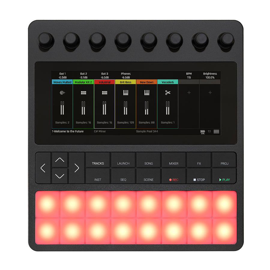 Black music sampler with eight rotary knobs, screen showing sample mixer interface, and two rows of eight illuminated pads.