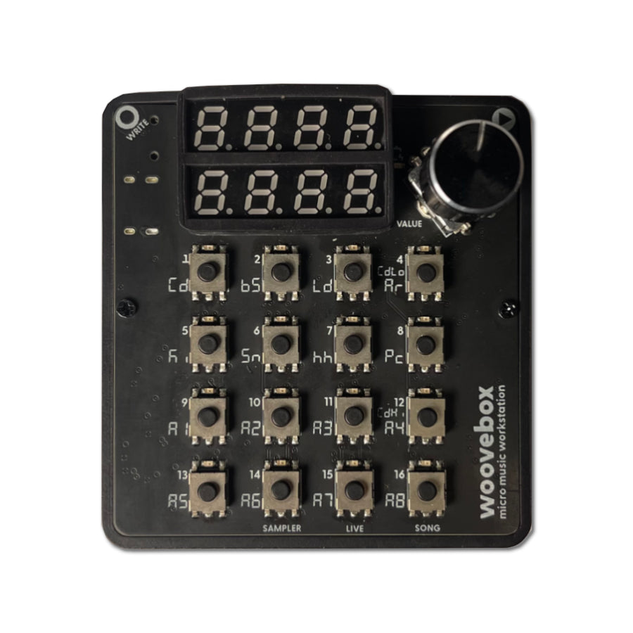 Black micro music workstation with 16 push buttons, two numeric displays, and one rotary knob.