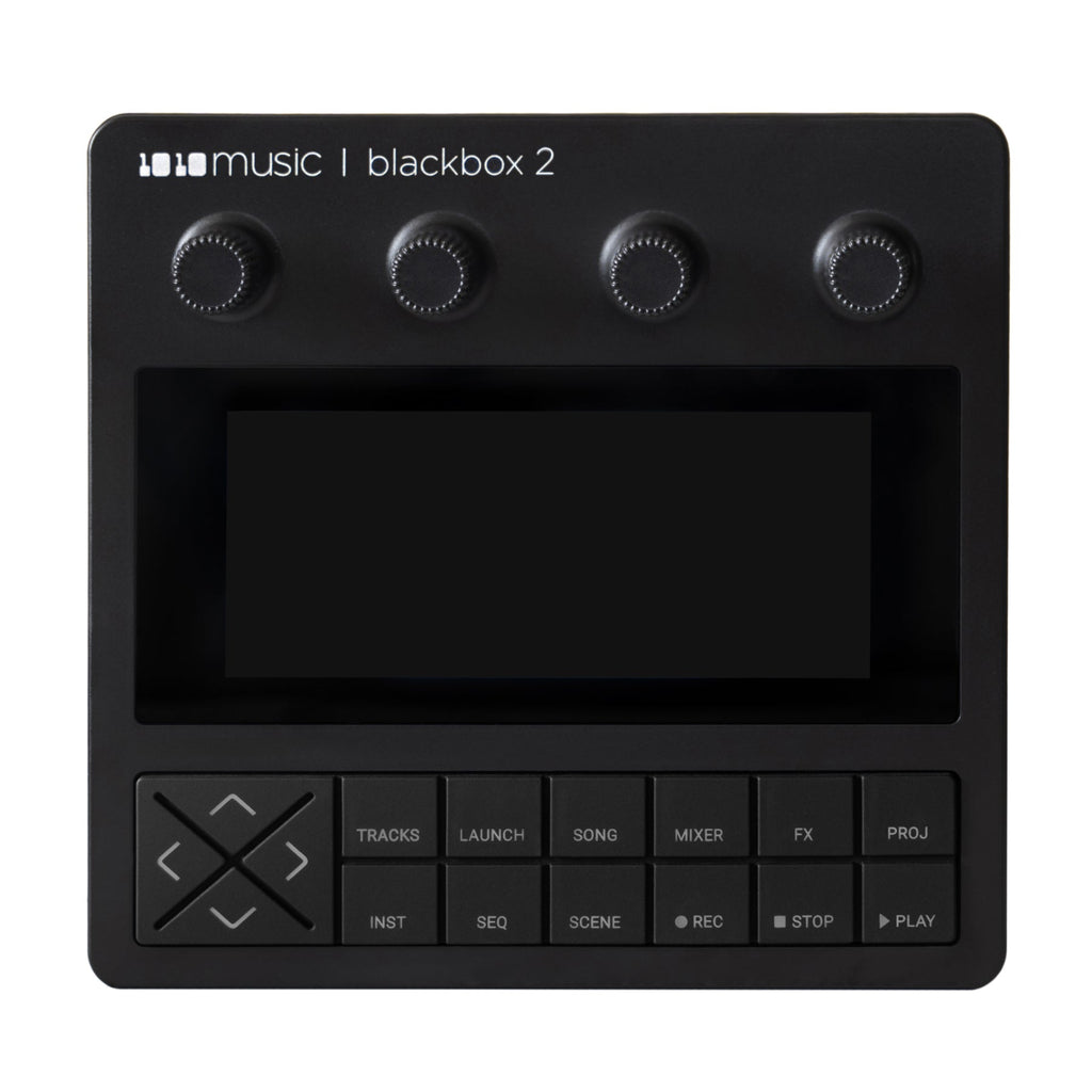 Front view of a black music device with a screen, 4 knobs, and multiple labeled buttons including play, stop, and record.