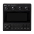 Front view of a black music device with a screen, 4 knobs, and multiple labeled buttons including play, stop, and record.