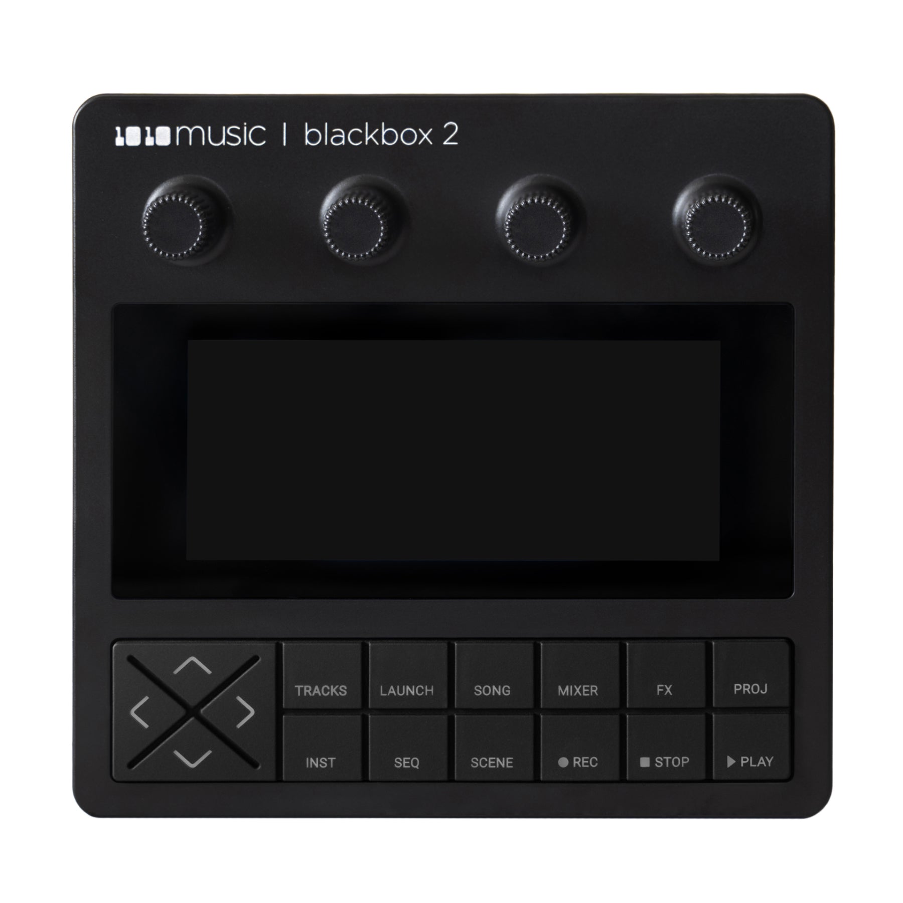 Front view of a black music device with a screen, 4 knobs, and multiple labeled buttons including play, stop, and record.