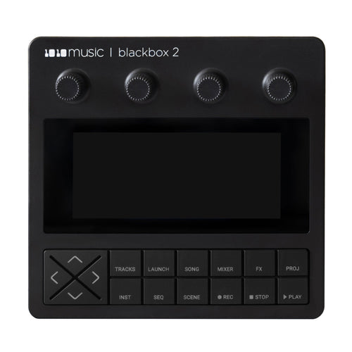 Front view of a black music device with a screen, 4 knobs, and multiple labeled buttons including play, stop, and record.