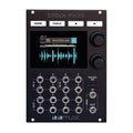 Black Eurorack module with buttons, rotary knobs, multiple jacks, microSD slot, and a color screen showing a waveform.