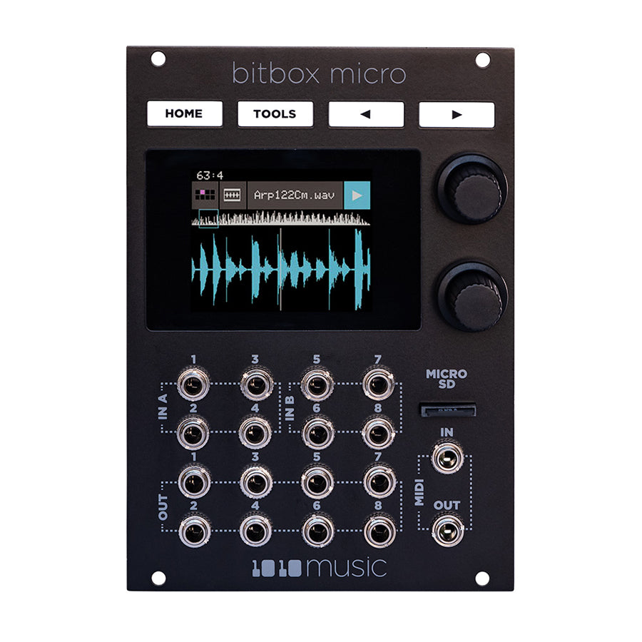 Black Eurorack module with buttons, rotary knobs, multiple jacks, microSD slot, and a color screen showing a waveform.