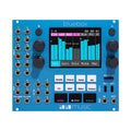Blue eurorack module with screen, rotary knobs, multiple 3.5mm jacks, USB-C ports, and labeled buttons on front panel.