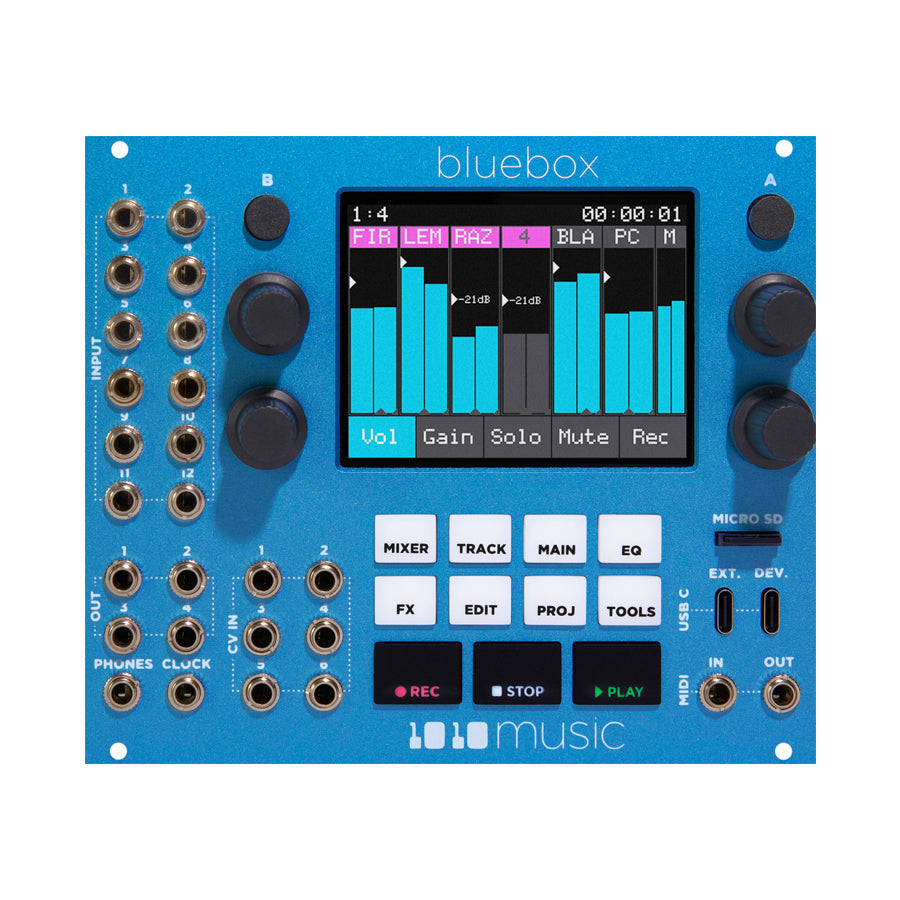 Blue eurorack module with screen, rotary knobs, multiple 3.5mm jacks, USB-C ports, and labeled buttons on front panel.