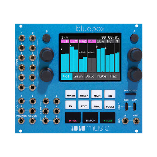 Blue eurorack module with screen, rotary knobs, multiple 3.5mm jacks, USB-C ports, and labeled buttons on front panel.